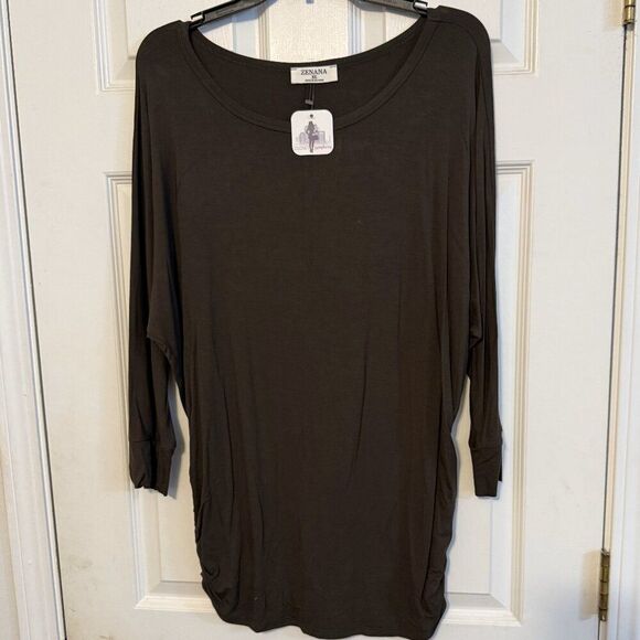NWT Zenana Top Army Green | Wide Neck | Rouched Bottom | Stretchy | Oversized - Picture 1 of 3